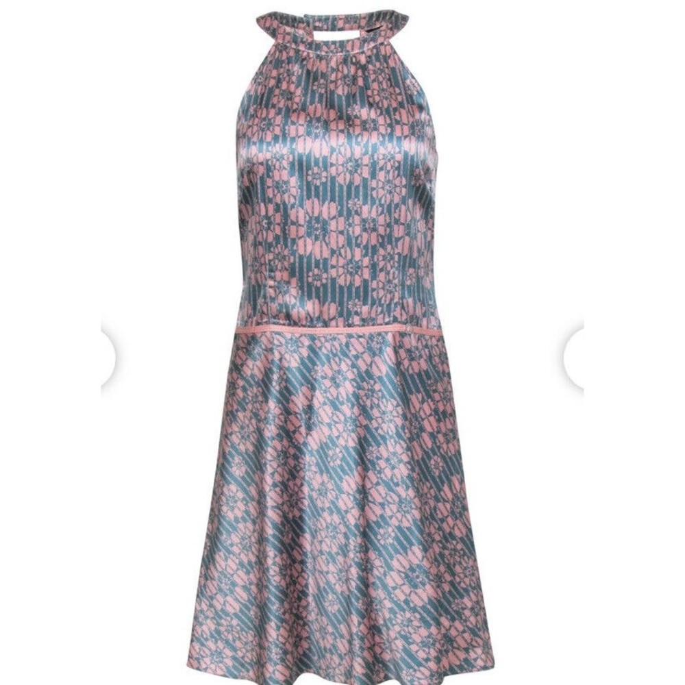 Ted baker Size 2 A-Line Silk Satin Dress Floral Pink Tank Sleeveless Midi Halter